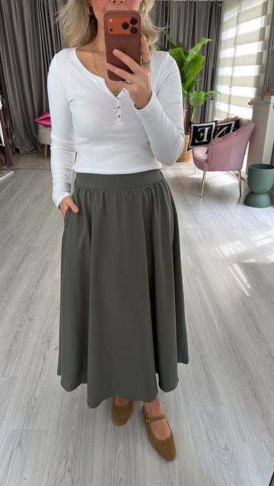 Cepli Kloş Bel Arkası Lastikli Haki Etek