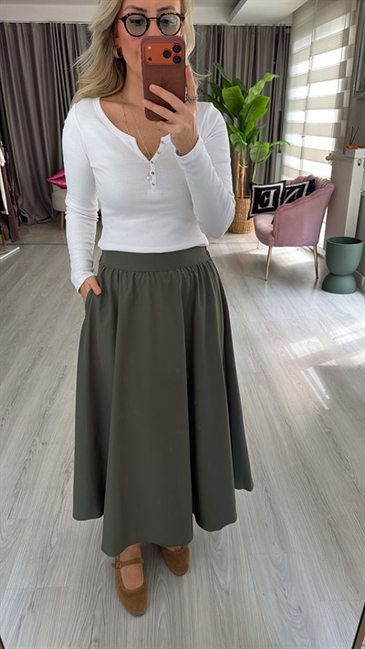 Cepli Kloş Bel Arkası Lastikli Haki Etek