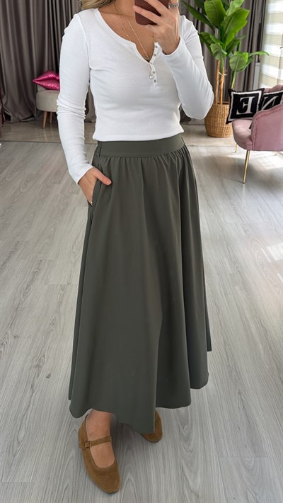 Cepli Kloş Bel Arkası Lastikli Haki Etek