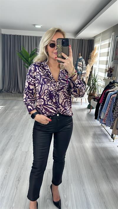 ÇİÇEK DESENLİ TOK DOKUDA SATEN GÖMLEK / MOR