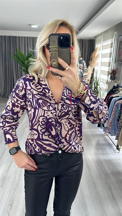 ÇİÇEK DESENLİ TOK DOKUDA SATEN GÖMLEK / MOR