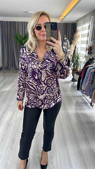 ÇİÇEK DESENLİ TOK DOKUDA SATEN GÖMLEK / MOR