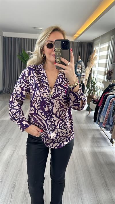 ÇİÇEK DESENLİ TOK DOKUDA SATEN GÖMLEK / MOR