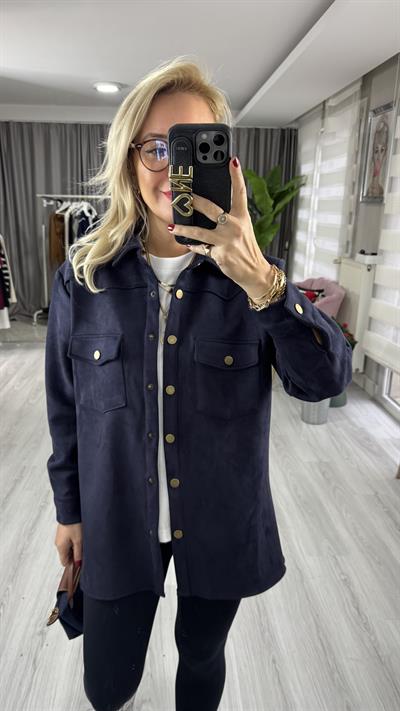 Çıtçıt Düğmeli Lacivert Süet Gömlek