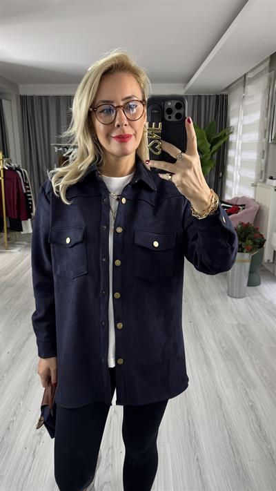 Çıtçıt Düğmeli Lacivert Süet Gömlek