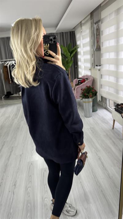 Çıtçıt Düğmeli Lacivert Süet Gömlek