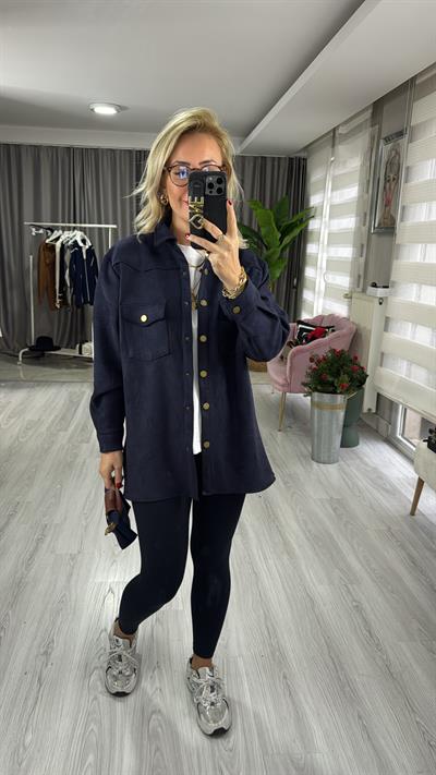 Çıtçıt Düğmeli Lacivert Süet Gömlek