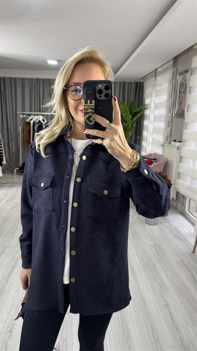 Çıtçıt Düğmeli Lacivert Süet Gömlek