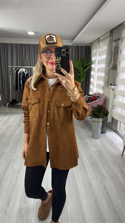Çıtçıt Düğmeli Taba Süet Gömlek