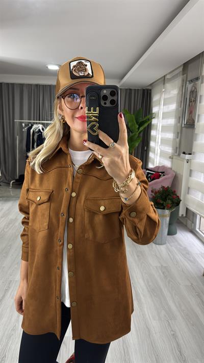 Çıtçıt Düğmeli Taba Süet Gömlek