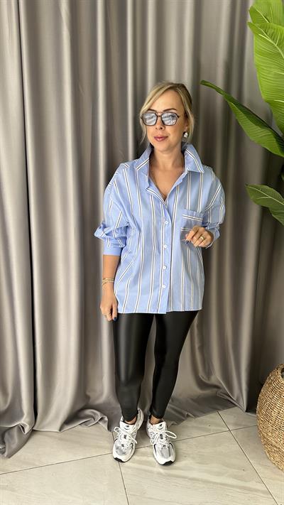 ÇİZGİLİ OVERSİZE MAVİ GÖMLEK