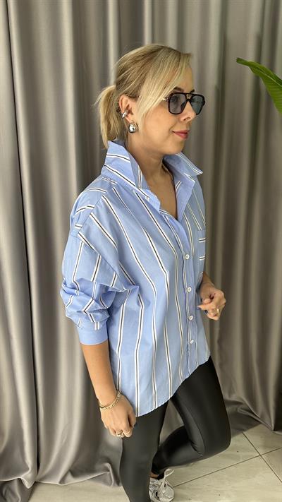 ÇİZGİLİ OVERSİZE MAVİ GÖMLEK