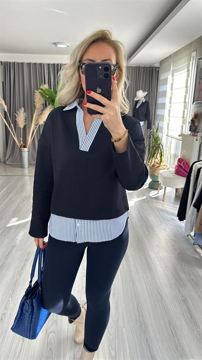 ÇİZGİLİ POPLİN DETAYLI LACİVERT SWEATSHİRT