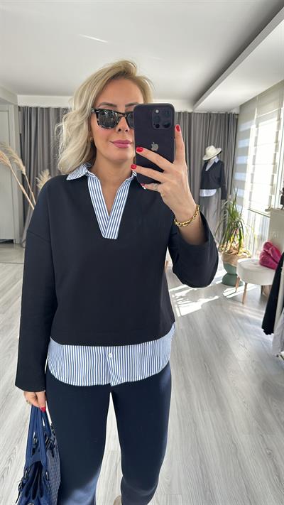 ÇİZGİLİ POPLİN DETAYLI LACİVERT SWEATSHİRT