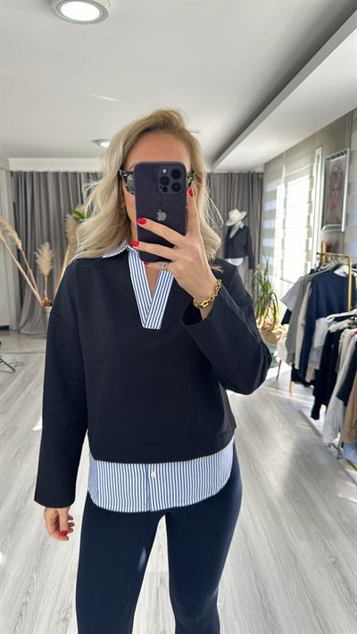 ÇİZGİLİ POPLİN DETAYLI LACİVERT SWEATSHİRT