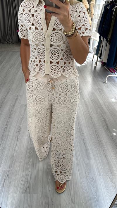 Dantel İşlemeli, Astarlı, Naturel Pantolon