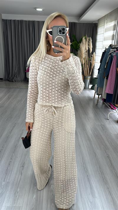 Dantel İşlemeli, Astarlı Naturel Pantolon