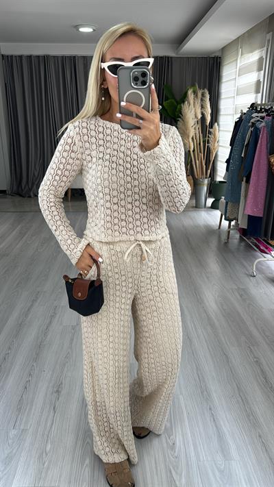 Dantel İşlemeli, Astarlı Naturel Pantolon