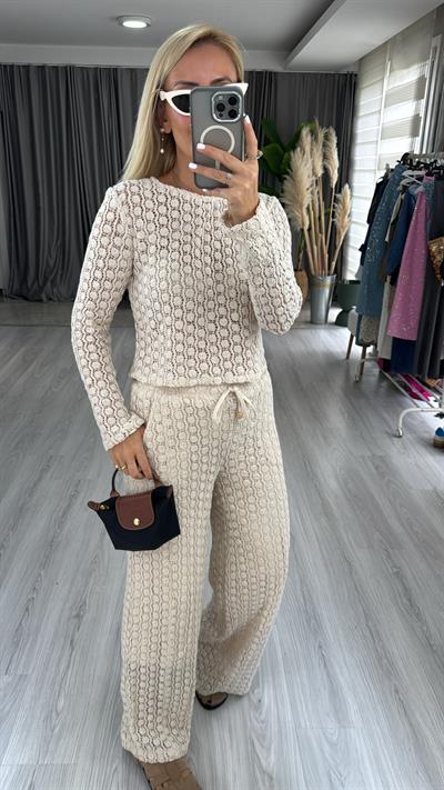 Dantel İşlemeli, Astarlı Naturel Pantolon