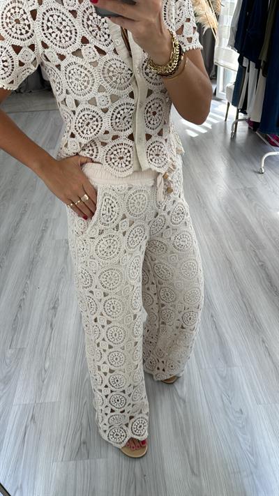 Dantel İşlemeli, Astarlı, Naturel Pantolon