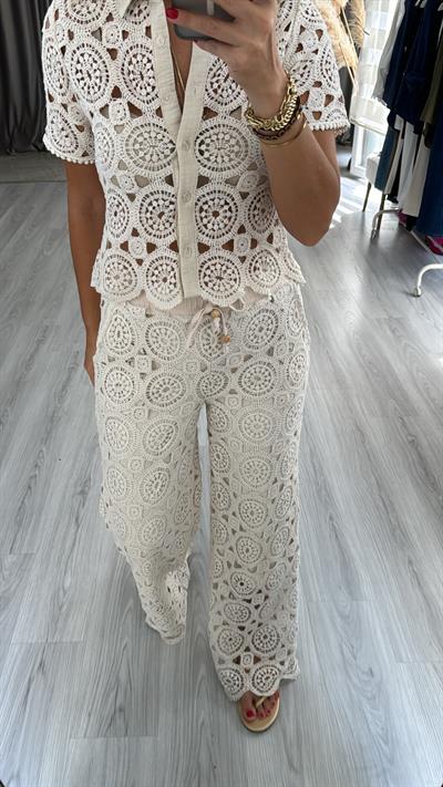 Dantel İşlemeli, Astarlı, Naturel Pantolon