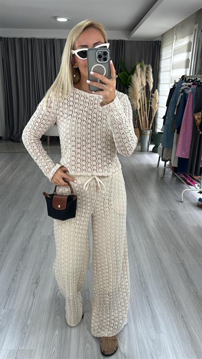 Dantel İşlemeli, Astarlı Naturel Pantolon