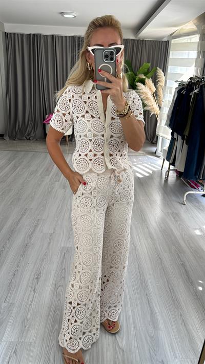 Dantel İşlemeli, Astarlı, Naturel Pantolon