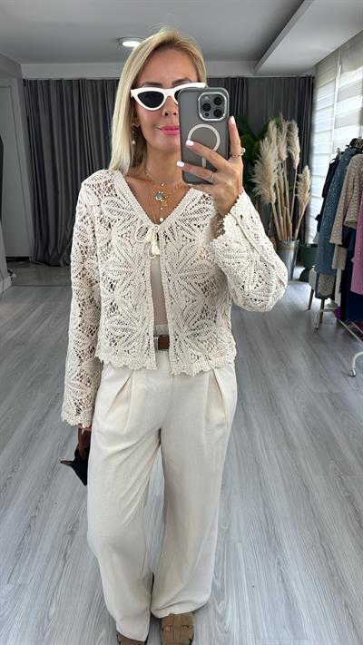 Dantel İşlemeli, Bağlamalı Uzun Kol Hırka