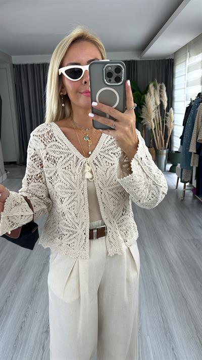 Dantel İşlemeli, Bağlamalı Uzun Kol Hırka