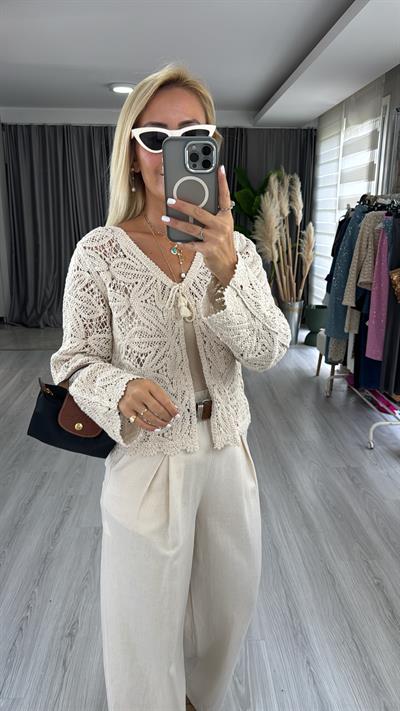 Dantel İşlemeli, Bağlamalı Uzun Kol Hırka