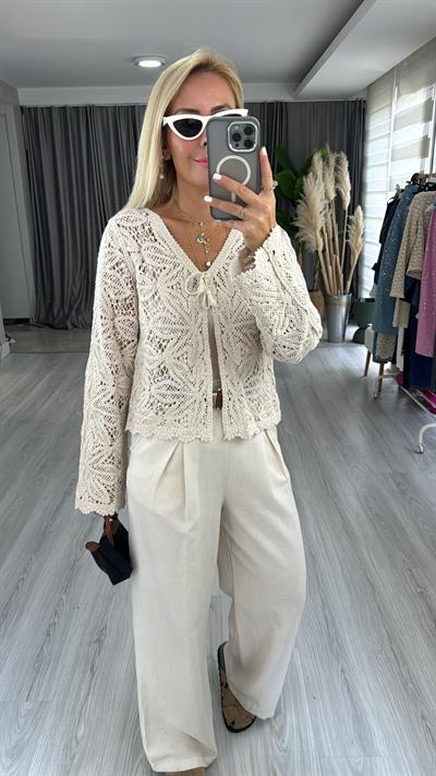 Dantel İşlemeli, Bağlamalı Uzun Kol Hırka