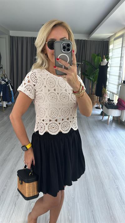 DANTEL İŞLEMELİ PAMUKLU NATUREL YARIM KOL BLUZ