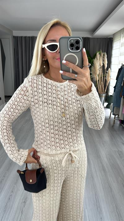 Dantel işlemeli, Uzun Kol Naturel Bluz