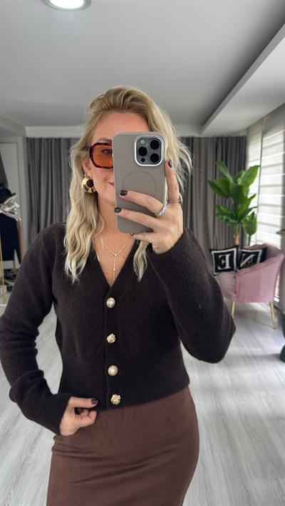 Dekoratif Gold Düğmeli Acı Kahve Triko Hırka