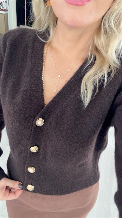 Dekoratif Gold Düğmeli Acı Kahve Triko Hırka