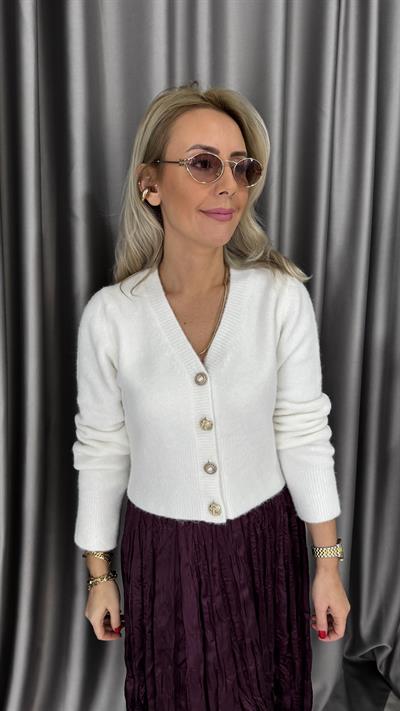 Dekoratif Gold Düğmeli Ekru Triko Hırka