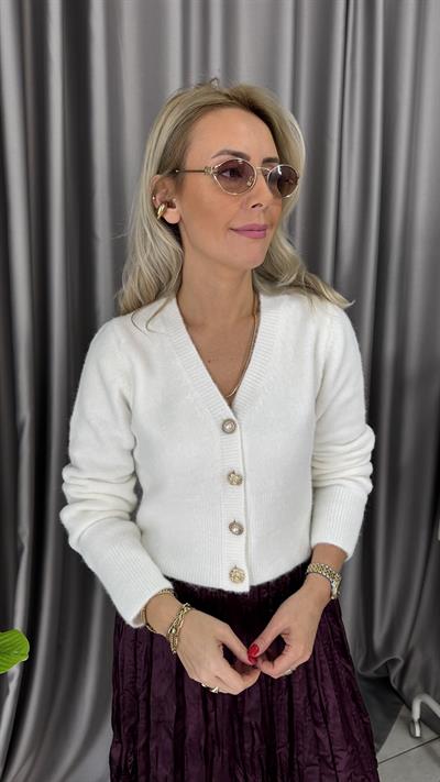 Dekoratif Gold Düğmeli Ekru Triko Hırka