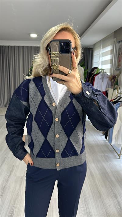 DENIM KOL DETAYLI BAKLAVA DESEN HIRKA