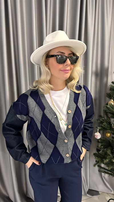 DENIM KOL DETAYLI BAKLAVA DESEN HIRKA