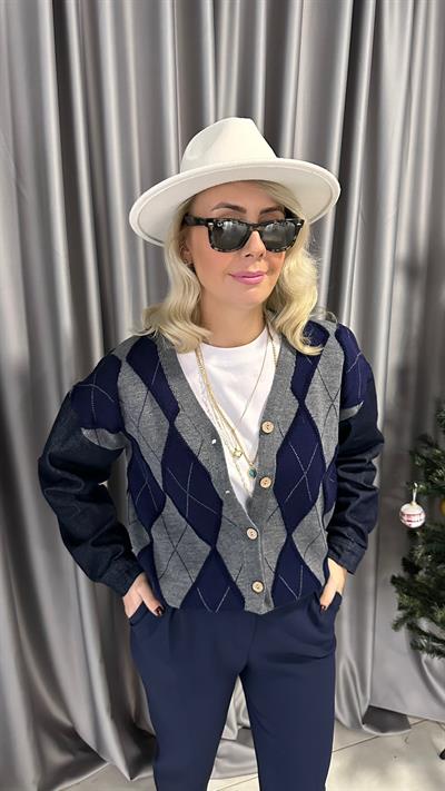 DENIM KOL DETAYLI BAKLAVA DESEN HIRKA