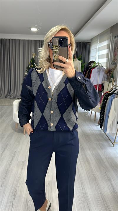 DENIM KOL DETAYLI BAKLAVA DESEN HIRKA