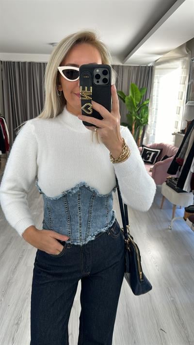 Orjinal Model Denim Korseli Ekru Triko