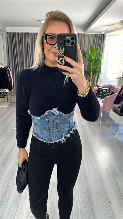 Orjinal Model Denim Korseli Siyah Triko