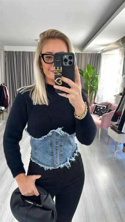 Orjinal Model Denim Korseli Siyah Triko