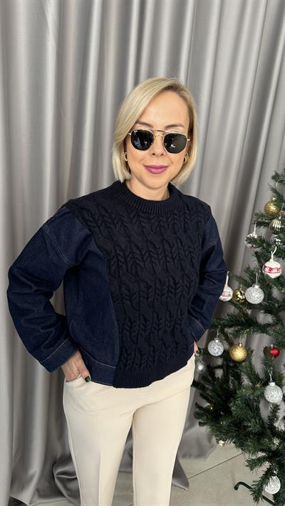 DENİM VE TRİKO MİX LACİVERT TASARIM KAZAK