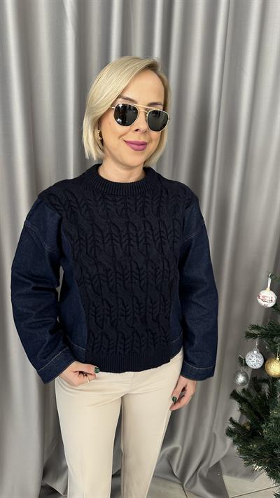 DENİM VE TRİKO MİX LACİVERT TASARIM KAZAK