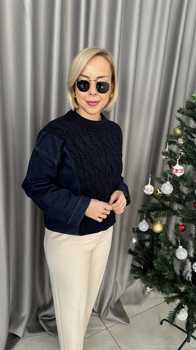 DENİM VE TRİKO MİX LACİVERT TASARIM KAZAK
