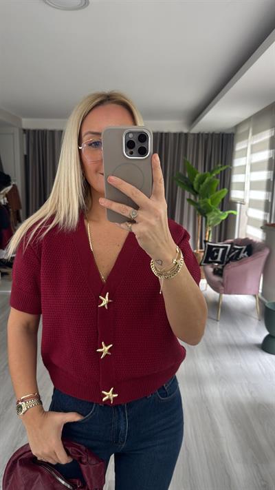 Deniz Yıldızı Düğme Detaylı Bordo Triko Hırka