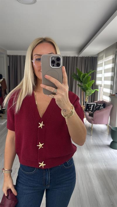 Deniz Yıldızı Düğme Detaylı Bordo Triko Hırka