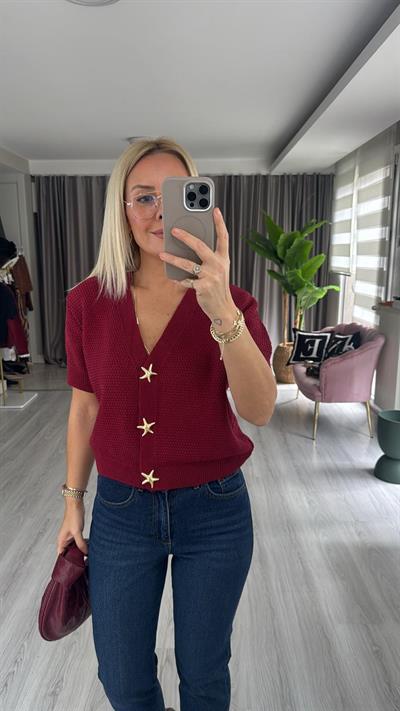 Deniz Yıldızı Düğme Detaylı Bordo Triko Hırka